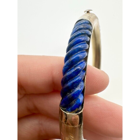 Vintage sterling silver gold plated carved lapis lazuli bangle Bracelet - Picture 5 of 10